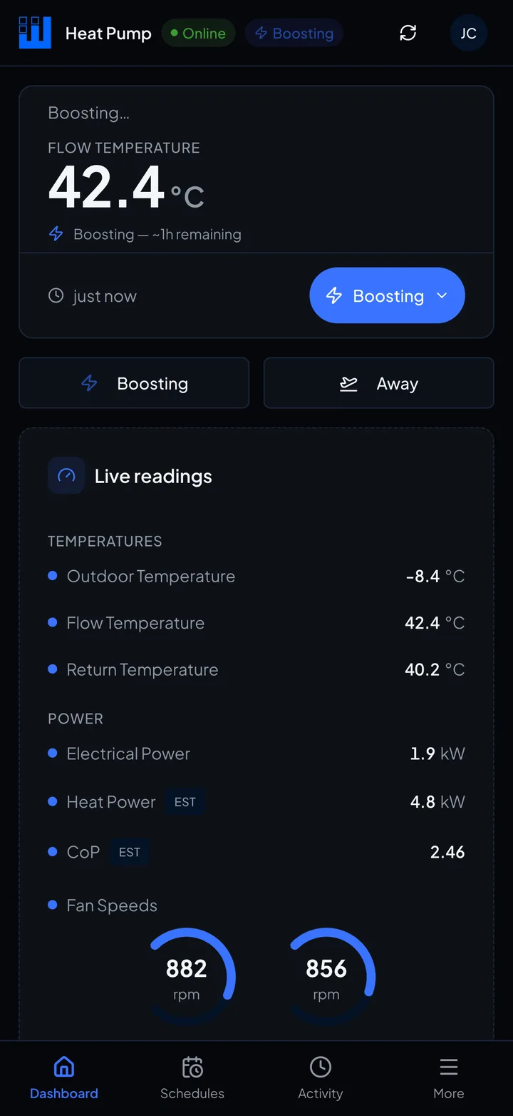 The WattStack App dashboard, a heat pump boosting with flow temperature and live readings