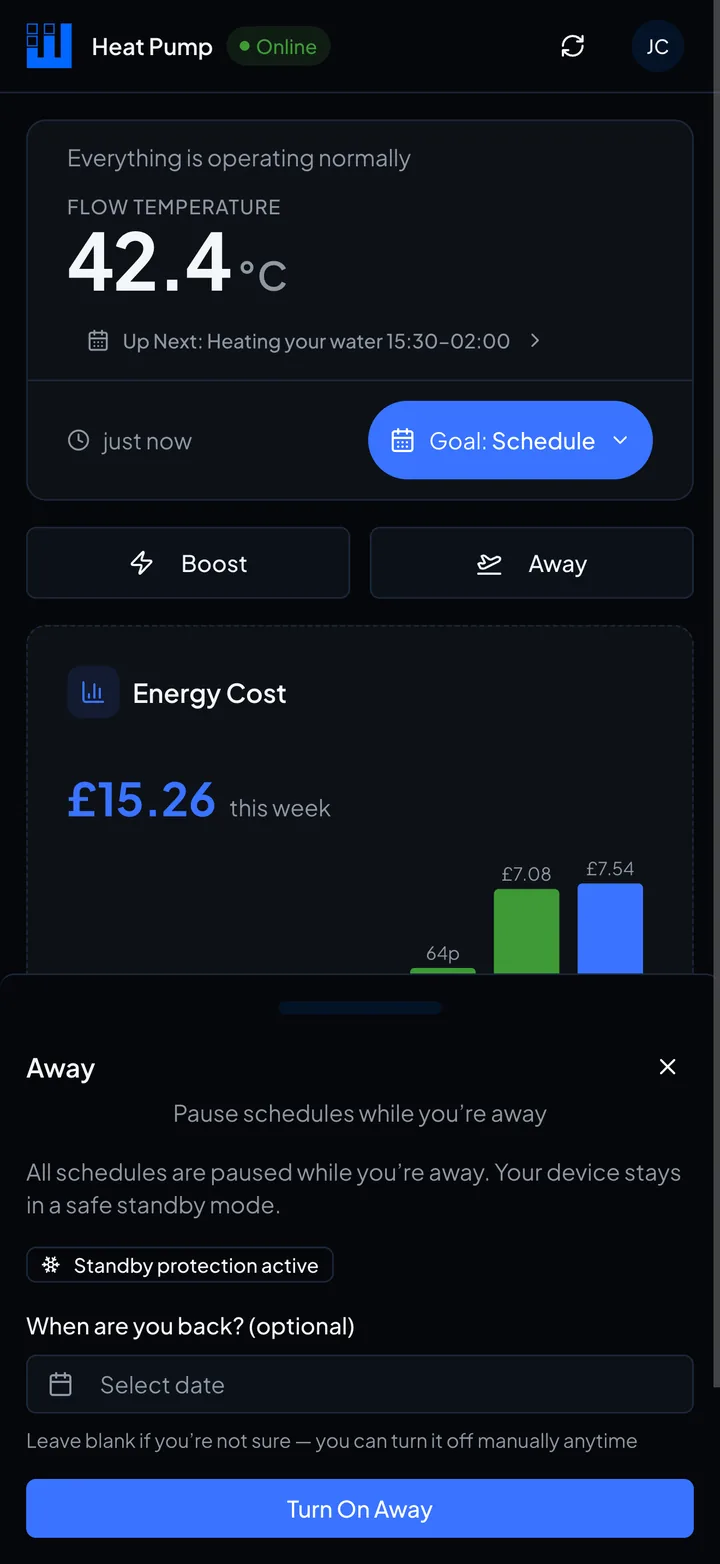 Weekly energy cost in the App, with the away mode sheet open