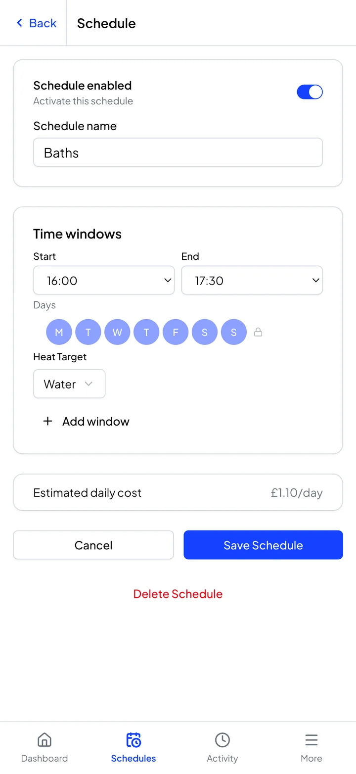 Editing a heating schedule on a phone, with time windows, days and an estimated daily cost