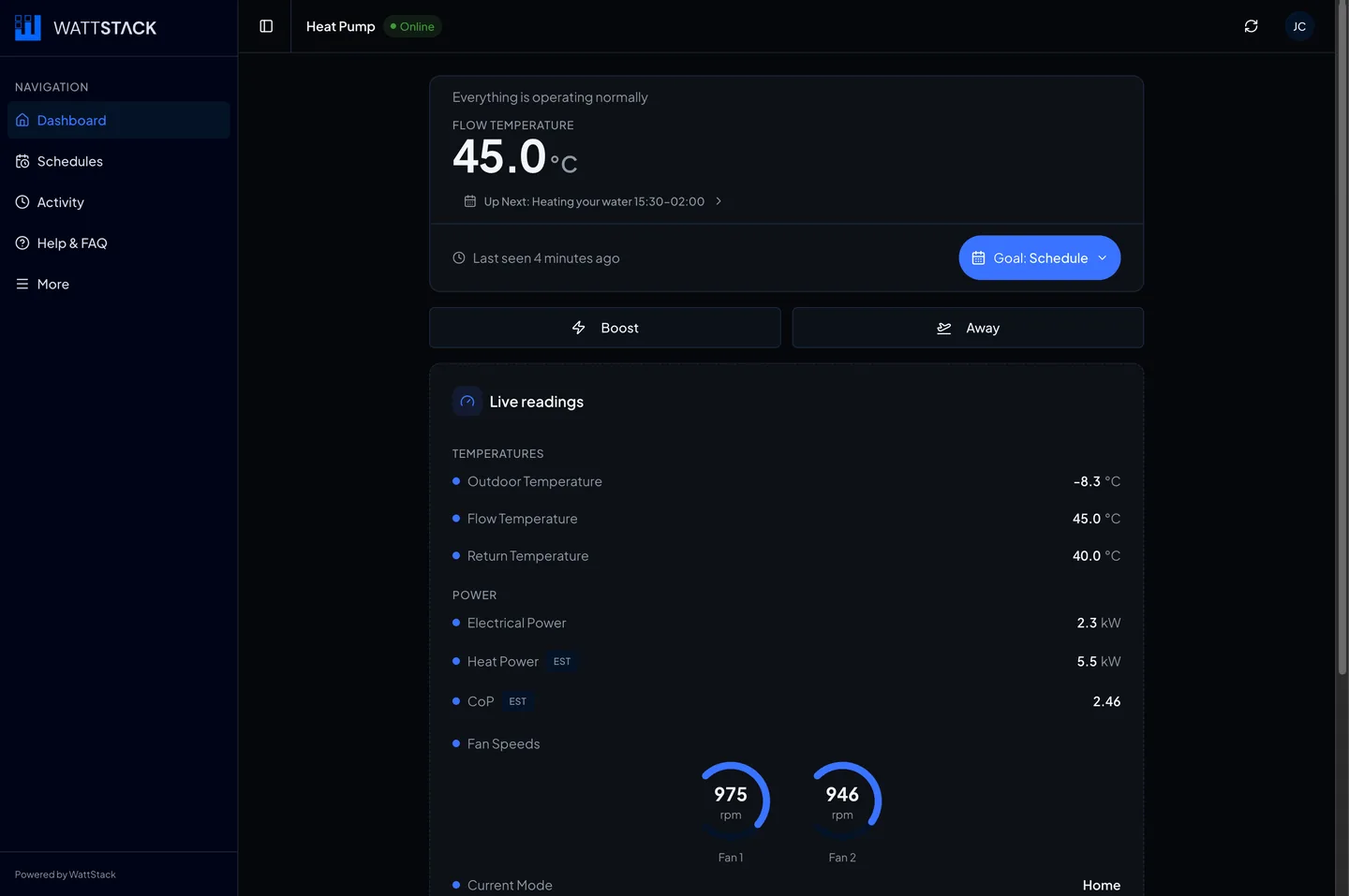 The WattStack App on the desktop, a heat pump dashboard with flow temperature and live readings